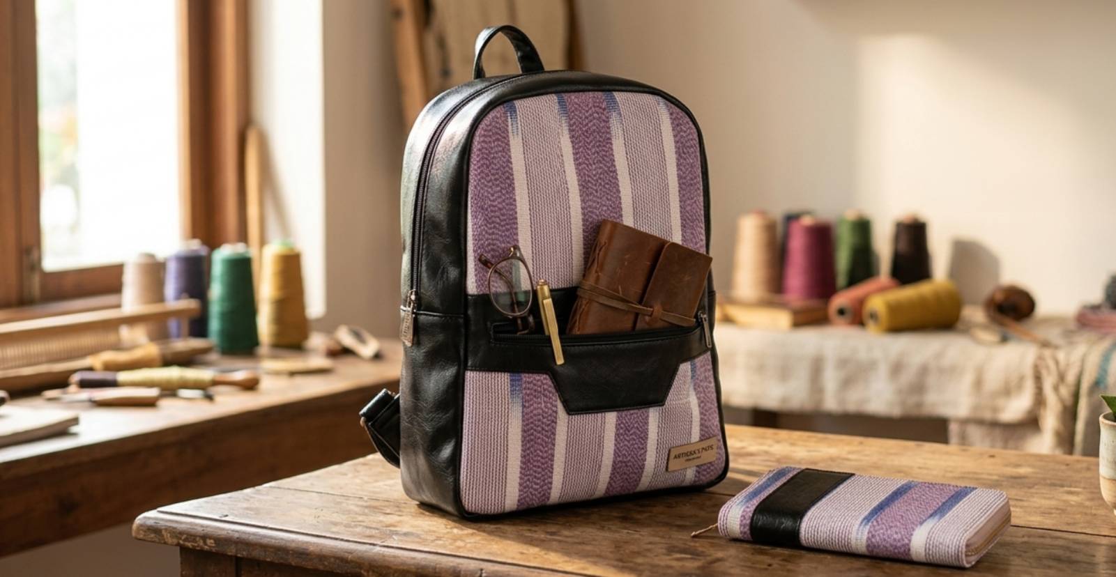 sac a dos en cuir noir et tissu tisse violet dans un atelier d artisanat avec carnet et portefeuille