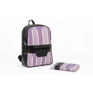 Sac à Dos Zippé Dozeko en Cuir Noir & Pagne Tissé Mauve avec Portefeuille Assorti Fait Main à Dakar