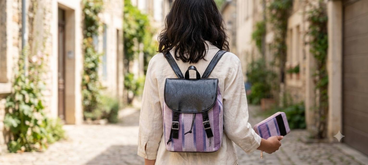 Sac a dos rabat en cuir noir et pagne tisse traditionnel mauve avec portefeuille assorti fait main a Dakar DOZEKO