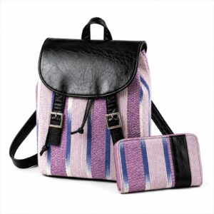 sac a dos en tissu tisse violet avec rabat en cuir noir et portefeuille assorti