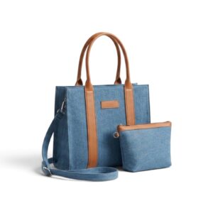 Sac cabas en toile de jean denim bleu avec anses en cuir camel, bandoulière et pochette assortie