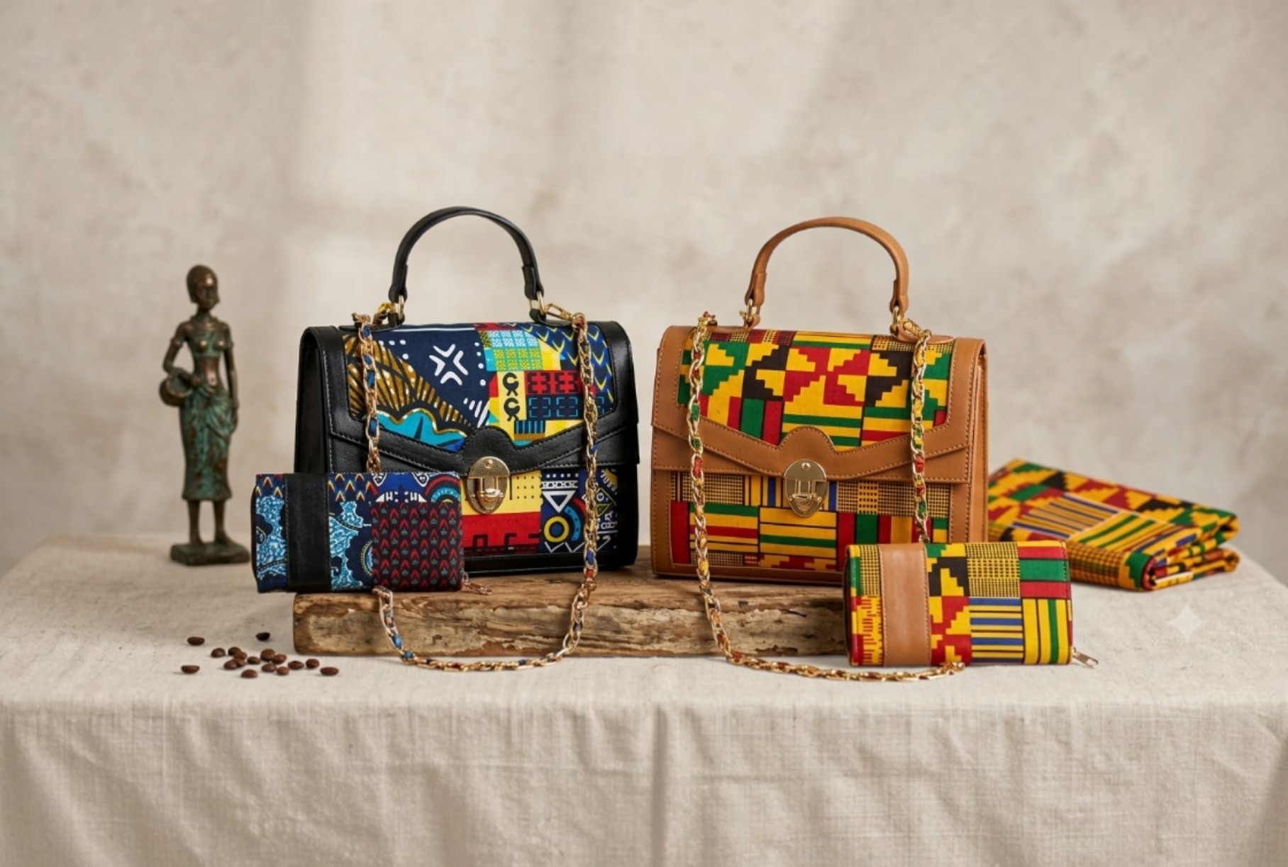 Sacs à main et pochettes en tissu wax fabriqués artisanalement au Sénégal - Marque Dozeko